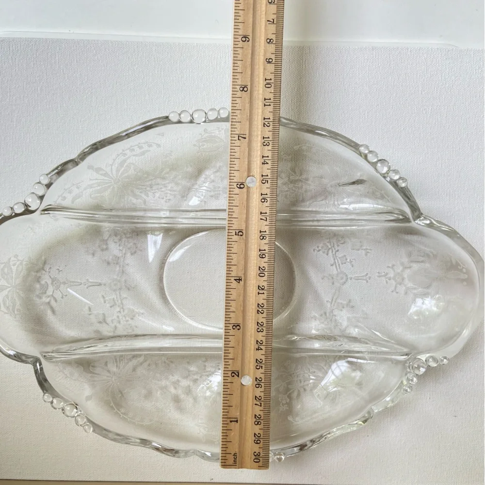 Heisey Glass etched orchids vintage clear divided three part serving tray dish